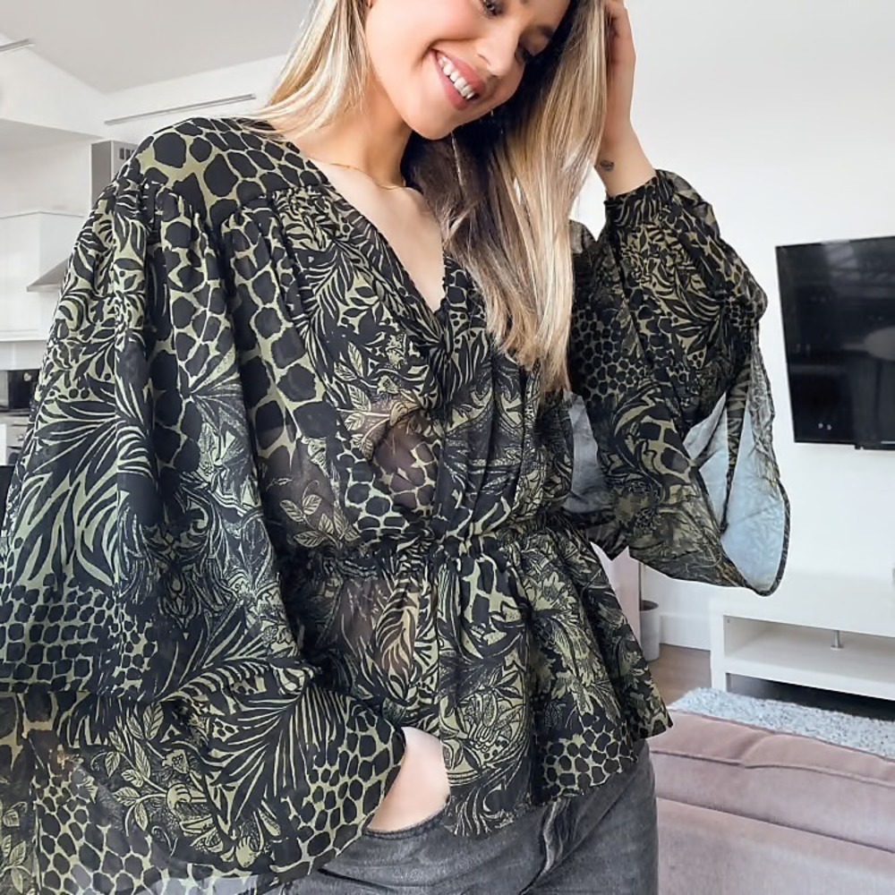 Topshop Idol Animal‎ Print Wrap Blouse Olive Green Sheer Balloon Sleeve US 8